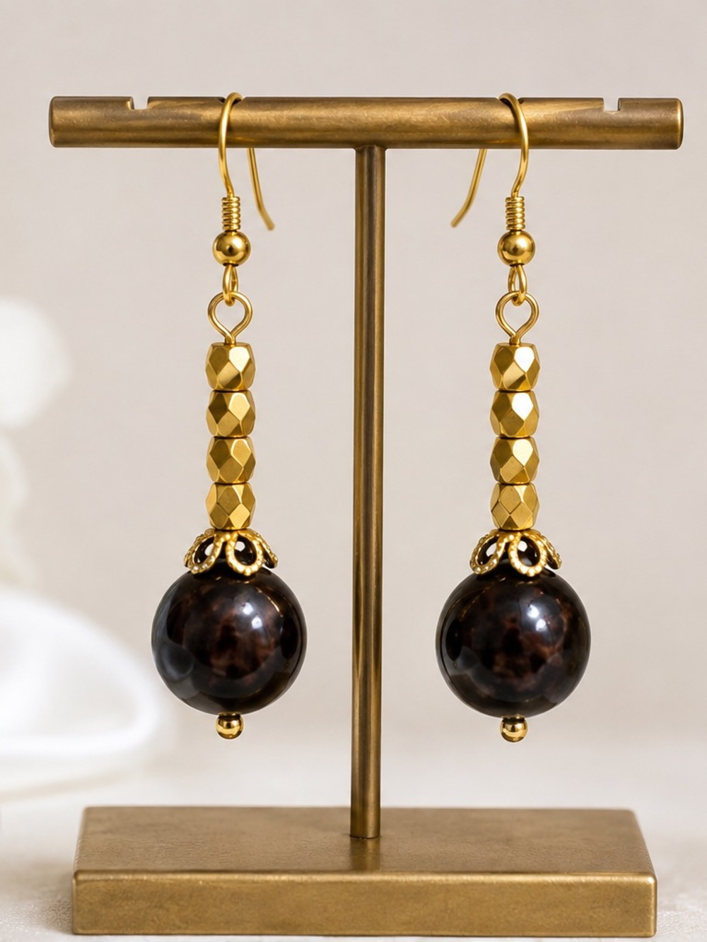 Gold and Dark Brown nuts Bead Drop Earrings - Classic Women’s Jewelry